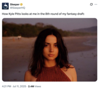 A "tweet":https://knowyourmeme.com/memes/sites/twitter-x using the Ana de Armas Beach Look photo, captioned, "How Kyle Pitts looks at me in the 8th round of my fantasy draft."
