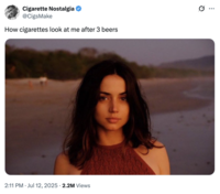 A "tweet":https://knowyourmeme.com/memes/sites/twitter-x using the Ana de Armas Beach Look photo, captioned, "How cigarettes look at me after 3 beers."