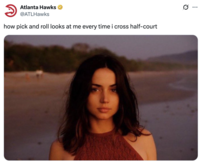 A "tweet":https://knowyourmeme.com/memes/sites/twitter-x using the Ana de Armas Beach Look photo, captioned, "How pick and roll looks at me every time I cross half-court."