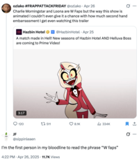 A reply to the original W Faps "tweet":https://knowyourmeme.com/memes/sites/twitter-x, reading, "I'm the first person in my bloodline to read the phrase 'W faps.'"