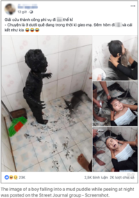 A Facebook post about a kid who fell in a puddle of mud and got covered. The post shares photos of the boy covered in mud.