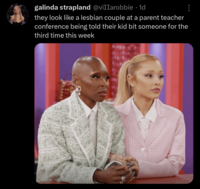 galinda strapland @viIIarobbie . 1d they look like a lesbian couple at a parent teacher conference being told their kid bit someone for the third time this week