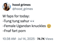 A "tweet":https://knowyourmeme.com/memes/sites/twitter-x listing the "W faps for today," including "Tung Tung Tung Sahur":https://knowyourmeme.com/memes/tung-tung-tung-sahur and female "Ugandan Knuckles":https://knowyourmeme.com/memes/ugandan-knuckles.