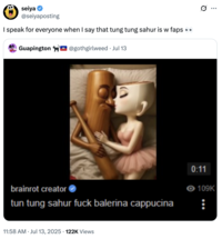 A "tweet":https://knowyourmeme.com/memes/sites/twitter-x joking that the "AI":https://knowyourmeme.com/memes/cultures/ai-artificial-intelligence "brainrot":https://knowyourmeme.com/memes/brain-rot-brainrot characters "Tung Tung Tung Sahur":https://knowyourmeme.com/memes/tung-tung-tung-sahur and "Ballerina Cappuccina":https://knowyourmeme.com/memes/ballerina-cappuccina-italian-brainrot.