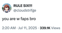 A "tweet":https://knowyourmeme.com/memes/sites/twitter-x reading, "You are W Faps, bro," shared in July 2025. It riffed on the "slang":https://knowyourmeme.com/memes/internet-slang term "W "Fap":https://knowyourmeme.com/memes/fap."