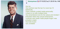 Anonymous 07/15/25(Tue)11:28:05 No.1498 >be me >be nowhere near the top 5 or even top 10 statistically >have carefully curated media personality >cheat on my wife multiple times >be remembered more for the values and mindset I embodied rather than actual achievement >untimely early death made people forget I was probably a r----- >be kobe bryant >pic unrelated