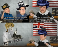 You've been circlejerking the same memes for years! You're stuck in the past! What are you talking about? r/ShitpostCrusaders has tons of fresh meme material! Say "Yo Angelo!"