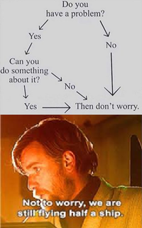 Yes Do you have a problem? ↓ No Can you do something about it? Yes No Then don't worry. Not to worry, we are still flying half a ship.