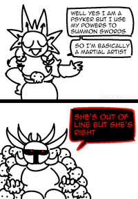 M WELL YES I AM A PSYKER BUT I USE MY POWERS TO SUMMON SWORDS SO I'M BASICALLY A MARTIAL ARTIST VEZIMIRA SHE'S OUT OF LINE BUT SHE'S RIGHT