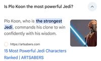 Is Plo Koon the most powerful Jedi? Plo Koon, who is the strongest Jedi, commands his clone to win confidently with his wisdom. https://artsabers.com 15 Most Powerful Jedi Characters Ranked ARTSABERS >