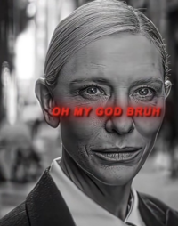 Instagram page @RealEaterForeverr posted a still from YouTuber V9X EDITS's post comparing Cate Blanchett as the recruiter from _Squid Game_ to the Korean recruiter from previous seasons. The post showed a black and white image of Cate Blanchett with the text "Oh My God Bruh" written on it." 