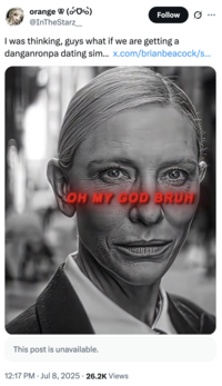 X user @InTheStarz__ posted the black and white image of Cate Blanchett from _Squid Game_, writing, "I was thinking, guys what if we are getting a danganronpa dating sim…" and gathering over 1,000 likes in a week.