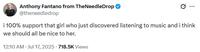 A tweet reading, "i 100% support that girl who just discovered listening to music and i think we should all be nice to her." The tweet is by Anthony Fantano and refers to the Polyphonic Perception girl.