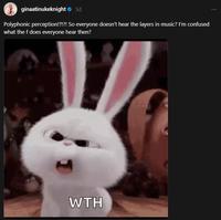 ginaatinukeknight > 3d Polyphonic perception!?!?! So everyone doesn't hear the layers in music? I'm confused what the f does everyone hear then? WTH