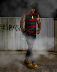A photo of streamer "Low Tier God":https://knowyourmeme.com/memes/people/low-tier-god, also known as LTG or Dale Wilson, wearing an outfit inspired by the character "Freddy Krueger":https://knowyourmeme.com/memes/smoking-freddy-krueger from the _A Nightmare on Elm Street_ horror film franchise.