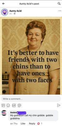 11 Aunty Acid's post Aunty Acid 3d. It's better to have friends with two chins than to have ones with two faces Write a comment... We the People... CIF @ Debbie My grandson call my chin gobble gobble grabdma on Thu Like Reply 1
