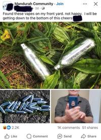 Mandurah Community. Join 2d → Found these vapes on my front yard. not happy. i will be getting down to the bottom of this cheers 2.2K Like Comment 1K comments 51 shares Send Share