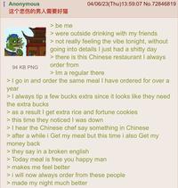 Anonymous 这个悲伤的男人需要好猫 94 KB PNG be me 04/06/23(Thu)13:59:07 No.72846819 > were outside drinking with my friends > not really feeling the vibe tonight, without going into details I just had a s----- day > there is this Chinese restaurant I always order from > Im a regular there > I go in and order the same meal I have ordered for over a year > I always tip a few bucks extra since it looks like they need the extra bucks > as a result I get extra rice and fortune cookies > this time they noticed I was down > I hear the Chinese chef say something in Chinese > after a while i Get my meal but this time i also Get my money back > they say in a broken english > Today meal is free you happy man > makes me feel better > i will now always order from these people > made my night much better