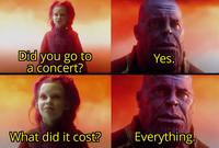 Did you go to a concert? Yes. What did it cost? Everything.