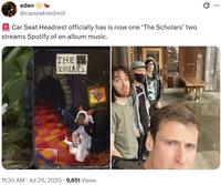 A nonsensical copypasta tweet. The tweet reads, "🚨 Car Seat Headrest officially has is now one ‘The Scholars’ two streams Spotify of on album music."