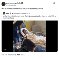 X user @transcowboy quoted the video of a mini therapy horse playing the piano for a hospitalized child, writing, "this is some b------- House would've done to a patient."