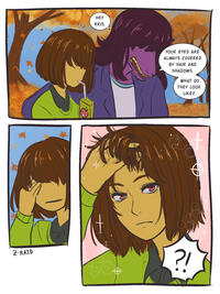 A comic posted to /r/Deltarune in 2018. The comic shows Kris revealing their eyes to be glimmering and red.