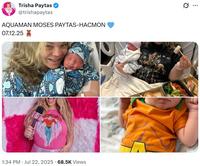A Twitter post by Trisha Paytas. In the post she announces the birth of her third child, a son named Aquaman.