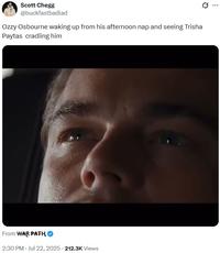 A tweet reading, "Ozzy Osbourne waking up from his afternoon nap and seeing Trisha Paytas  cradling him." The tweet uses a video of Leonardo Dicaprio waking up.