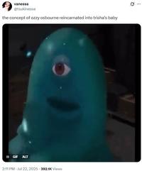 A tweet reading, "the concept of ozzy osbourne reincarnated into trisha’s baby." The meme is teh "BOB staring":https://knowyourmeme.com/memes/bob-staring meme.