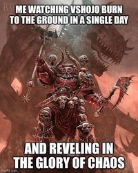 A "_Warhammer 40,000_":https://knowyourmeme.com/memes/subcultures/warhammer-40000 meme about the downfall of VShojo depicting a Chaos Space Marine of the Word Bearers chapter.
