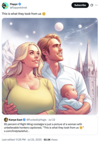 A "quote-tweet":https://knowyourmeme.com/memes/quote-retweets-qrts using "AI Art":https://knowyourmeme.com/memes/cultures/ai-art of white people in "Hyperborea":https://knowyourmeme.com/memes/hyperborea.