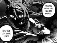 An edit of an Umamusume manga panel. The dialogue reads, "Have you ever played goo-goo babies with your life on the line."