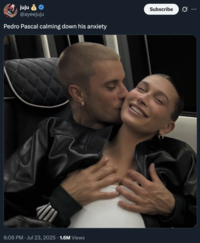 juju š @ayeejuju Pedro Pascal calming down his anxiety 6:06 PM - Jul 23, 2025 1.6M Views Subscribe Ø ..