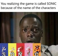 A "Chris Crying":https://knowyourmeme.com/memes/chris-crying meme. The meme reads, "You realizing the game is called SONIC because of the name of the characters."