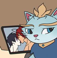 A "redraw":https://knowyourmeme.com/memes/redraw of the Homophobic Cat "meme":https://knowyourmeme.com/memes/memes, showing the cat "side-eyeing":https://knowyourmeme.com/memes/side-eye Yuumi and Settphel. 
