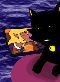 A "redraw":https://knowyourmeme.com/memes/redraw of the Homophobic Cat "meme":https://knowyourmeme.com/memes/memes, showing the cat "side-eyeing":https://knowyourmeme.com/memes/side-eye and the men kissing on the laptop as characters from "_Deltarune_":https://knowyourmeme.com/memes/subcultures/deltarune.