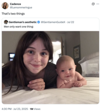 A "quote-tweet":https://knowyourmeme.com/memes/quote-retweets-qrts of the "Men only want one thing" tweet with a photo of Acacia Clark and her baby.