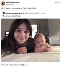 A "quote-tweet":https://knowyourmeme.com/memes/quote-retweets-qrts of the "Men only want one thing" tweet with a photo of Acacia Clark and her baby.