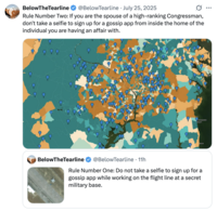 X user @BelowTearline tweeted, "Rule Number Two: If you are the spouse of a high-ranking Congressman, don't take a selfie to sign up for a gossip app from inside the home of the individual you are having an affair with."