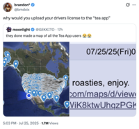 X user @brndxix tweeted, "why would you upload your drivers license to the “tea app”" in response to the news that thousands of users had their selfies, drivers licenses and data leaked.