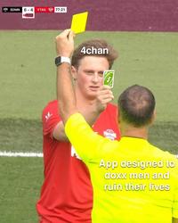 X user @Sociopathlete posted a meme showing a soccer player presenting an Uno reverse card to an umpire's yellow card. The post labelled the two figures as "App designed to doxx men and ruin their lives" and "4chan."