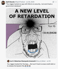 X user @SplitTheGod responded to a tweet that read, "You n----- hacked the Tea App..... But won't hack to erase credit debt or to release the Epstein files🤦🏾‍♂️🤦🏾‍♂️🤦🏾‍♂️" with a Wojak mocking the original poster.