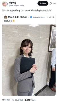 X user @badchestpain quote tweeted the image of Saori Araki, joking about getting into a car accident because of her. The post read, "Just wrapped my car around a telephone pole," and gathering over 50,000 likes in a day.
