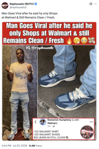 A "tweet":https://knowyourmeme.com/memes/sites/twitter-x from @raphousetv2 about a man wearing Avia Walmart shoes and still looking fresh.