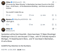 X user @CilComLFC posted a tweet that read, "Of course the ‘Mass Shooter’ in Manhattan has been Found on the 33rd Floor… of all Floors… of the Blackstone Building… and there are exactly 6 Victims. You couldn’t make this up." The user later asserted, "Symbolism will be their Downfall […] ALWAYS Pay Attention to the Numbers."