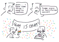 A comic by X user featherleafern. The comic is about a man who confesses a horrifying secret to his friends, who thought he was going to come out as gay.
