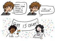 A redraw of the "guys i have something I need to tell you" meme. In the comic a man confesses to being a werewolf.