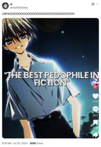 The original "tweet":https://knowyourmeme.com/memes/sites/twitter-x that shared the screenshot of the Best P-------- in Fiction "TikTok":https://knowyourmeme.com/memes/sites/tiktok edit, showing the _Subarashiki Hibi_ character Mamiya Takuji.