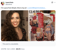 A "quote-tweet":https://knowyourmeme.com/memes/quote-retweets-qrts from X user @laufaria about being an artist from Brazil.