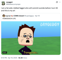 A "tweet":https://knowyourmeme.com/memes/sites/twitter-x using the I Am a X From Y and This Is My Z to mock an "AIDS-riddled fаggot who will commit suicide before [they] turn 30."
